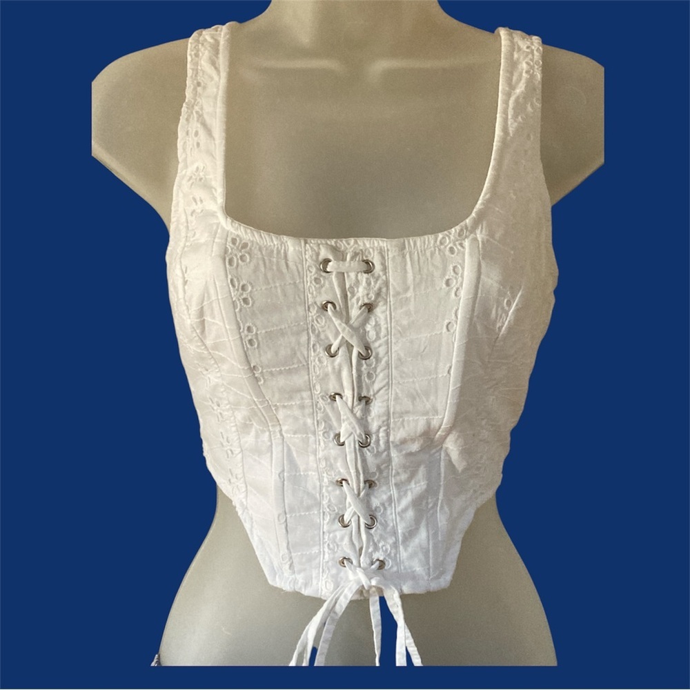Japna White Eyelet Lace-up Corset Crop Top Medium EUC